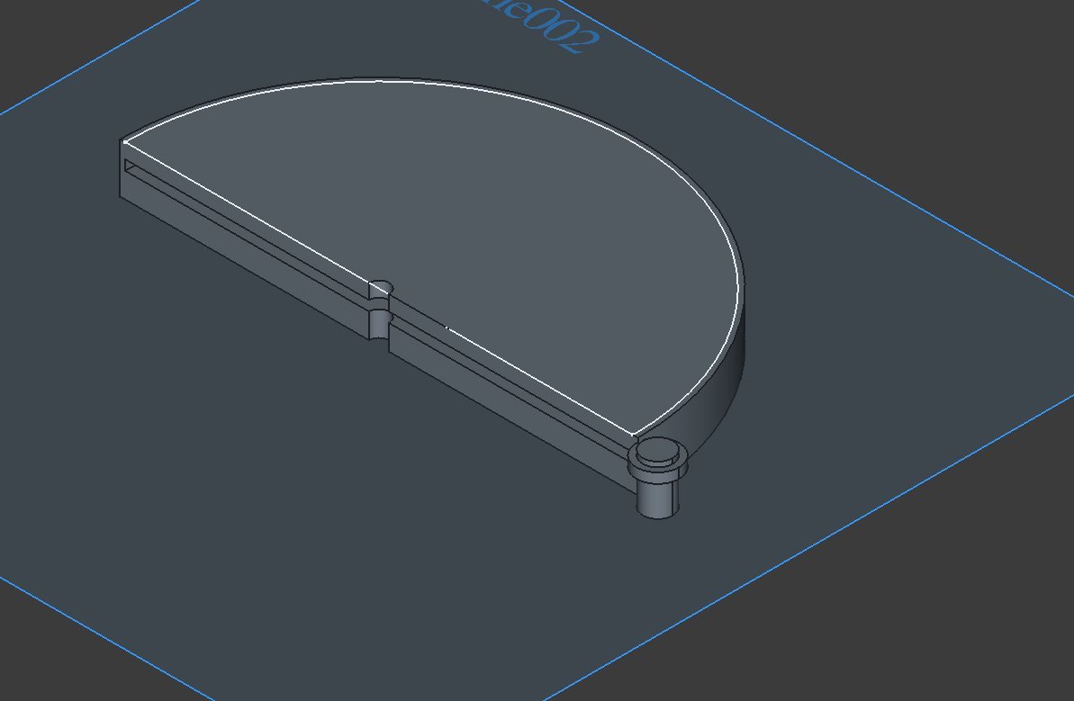 FreeCAD model of a half-disc wafer holder with a slot along its flat edge and a pin at one corner
