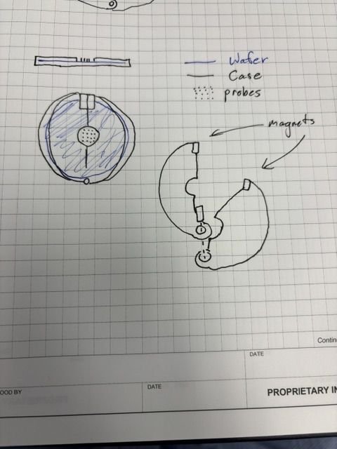 Notebook sketch labeling wafer, case, probes and magnet pair