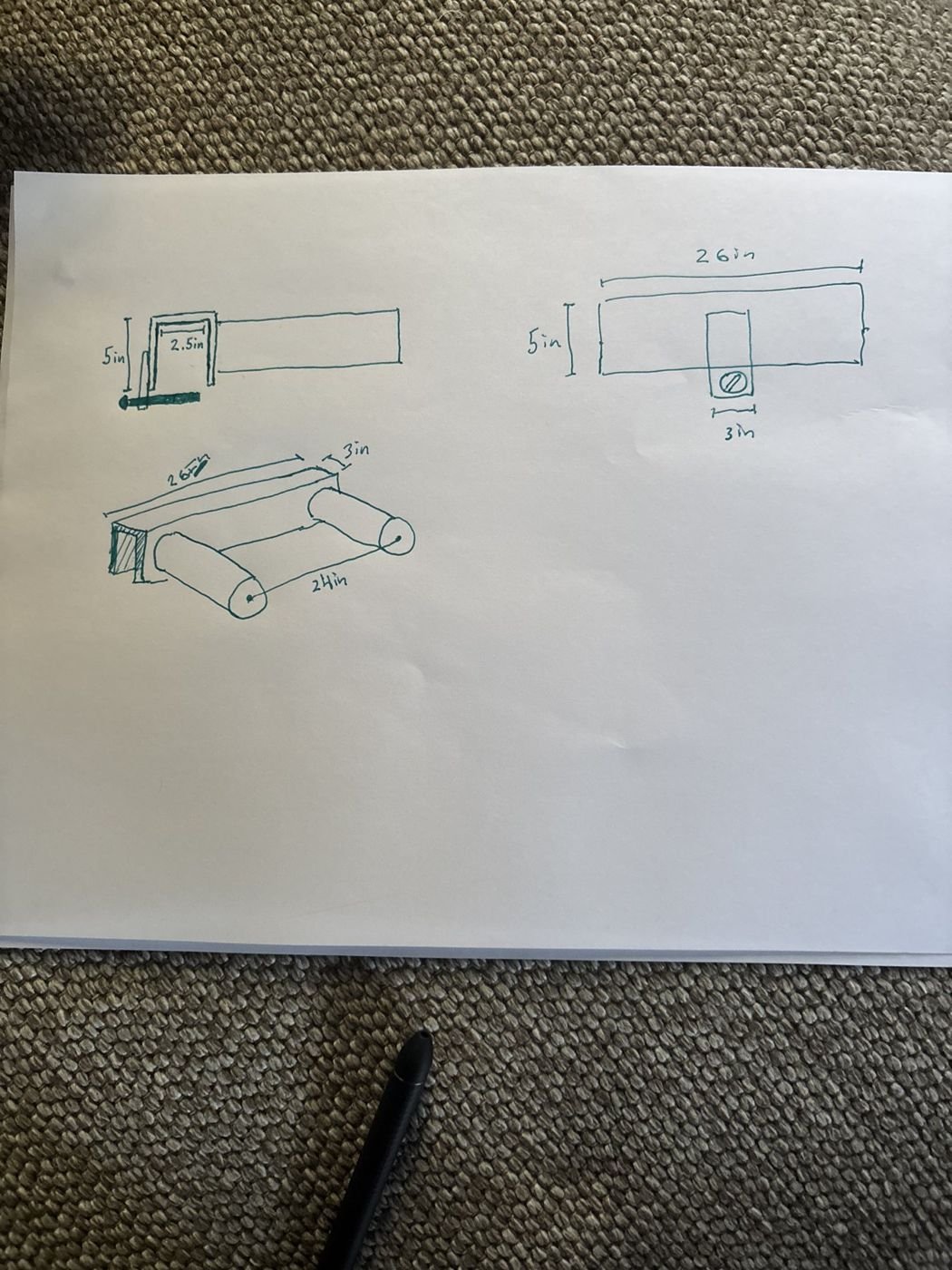 Hand-drawn dimensioned sketch of the dip bar with a top view, end view and isometric view